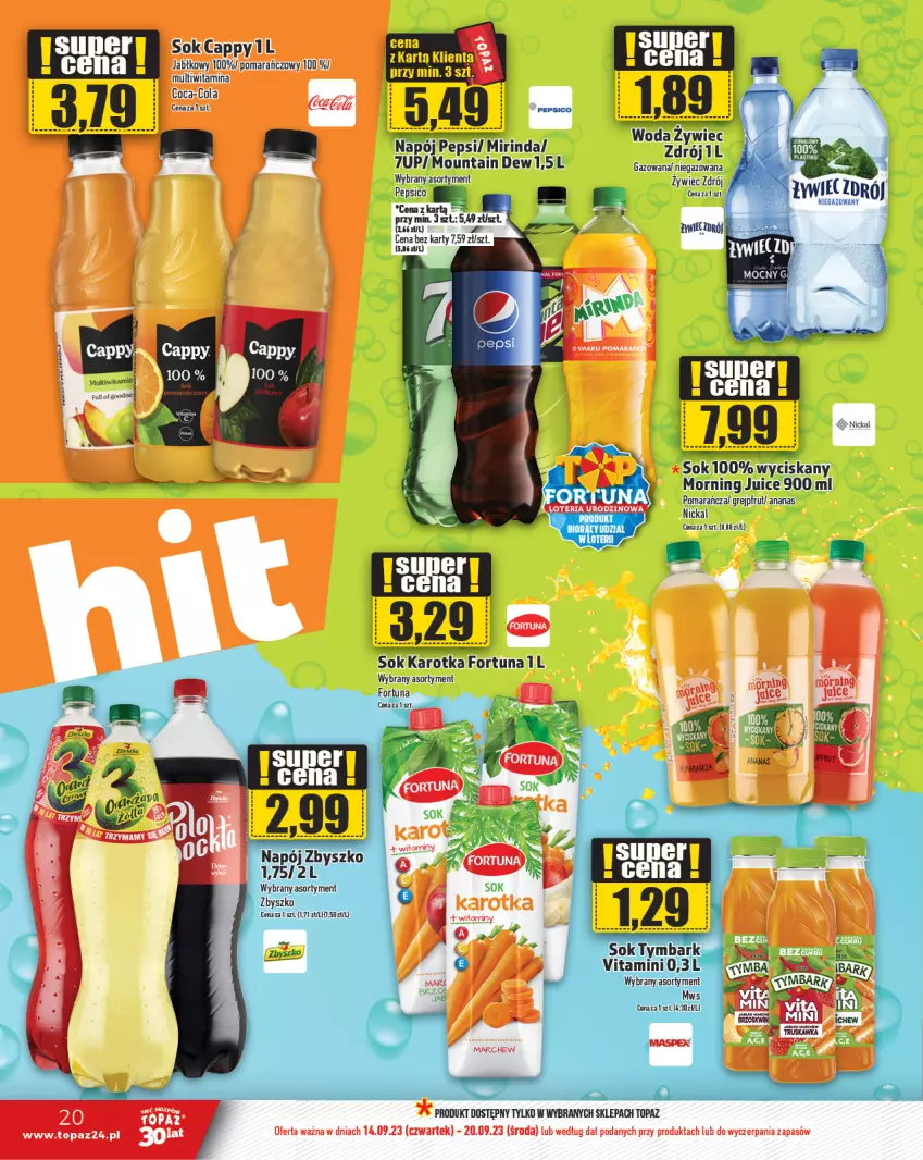 Gazetka promocyjna Topaz - Gazetka - ważna 14.09 do 20.09.2023 - strona 20 - produkty: 7up, Ananas, Cappy, Coca-Cola, Fortuna, Gala, Grejpfrut, Mirinda, Napój, Pepsi, Sok, Top, Woda