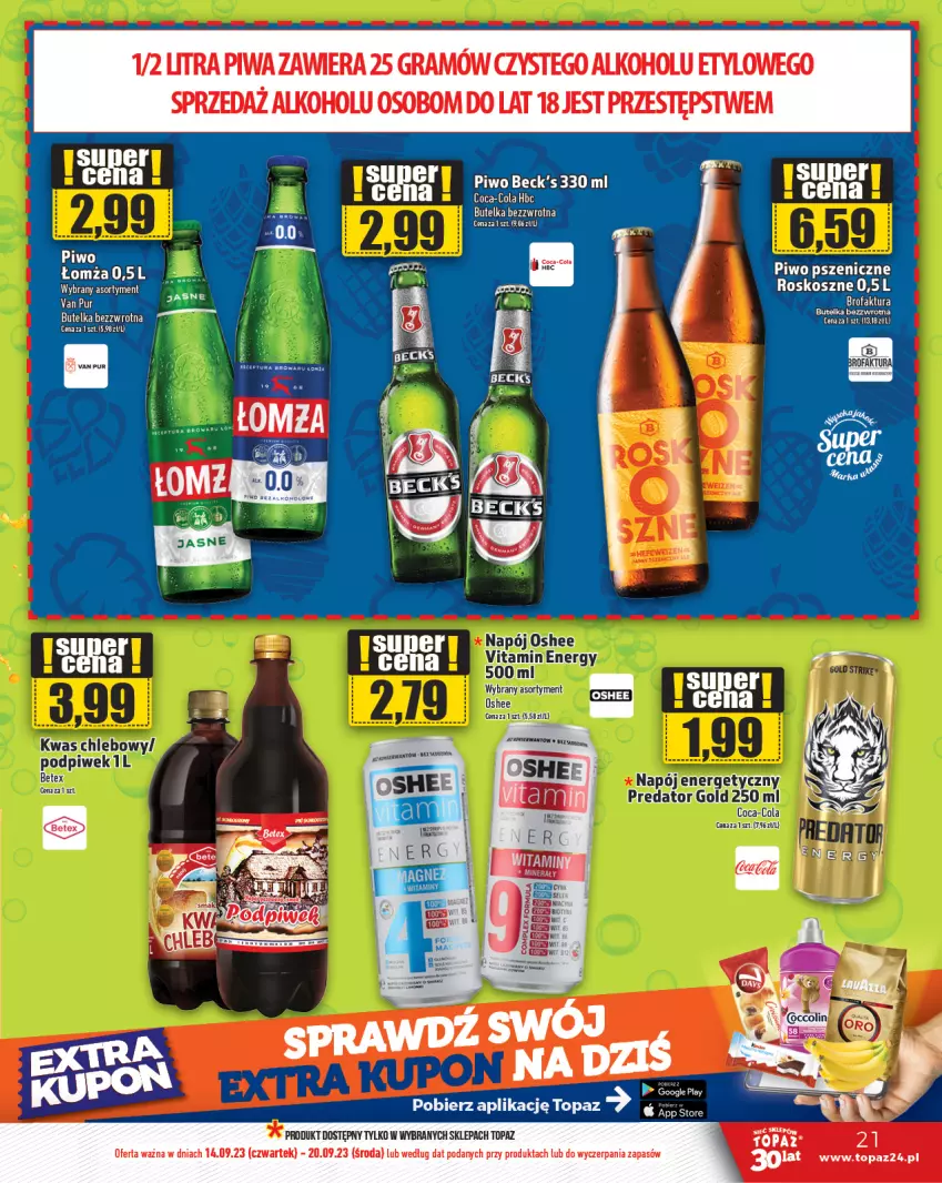 Gazetka promocyjna Topaz - Gazetka - ważna 14.09 do 20.09.2023 - strona 21 - produkty: Chleb, Coca-Cola, Fa, Kosz, Napój, Napój energetyczny, Piwo, Pur, Top