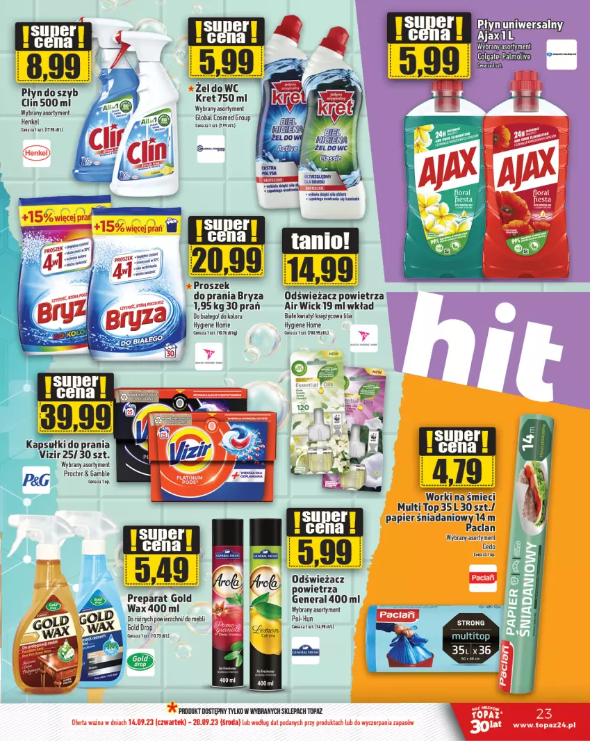 Gazetka promocyjna Topaz - Gazetka - ważna 14.09 do 20.09.2023 - strona 23 - produkty: Air Wick, Bryza, Clin, Danio, Kapsułki do prania, Mola, Odświeżacz powietrza, Papier, Płyn do szyb, Top, Vizir