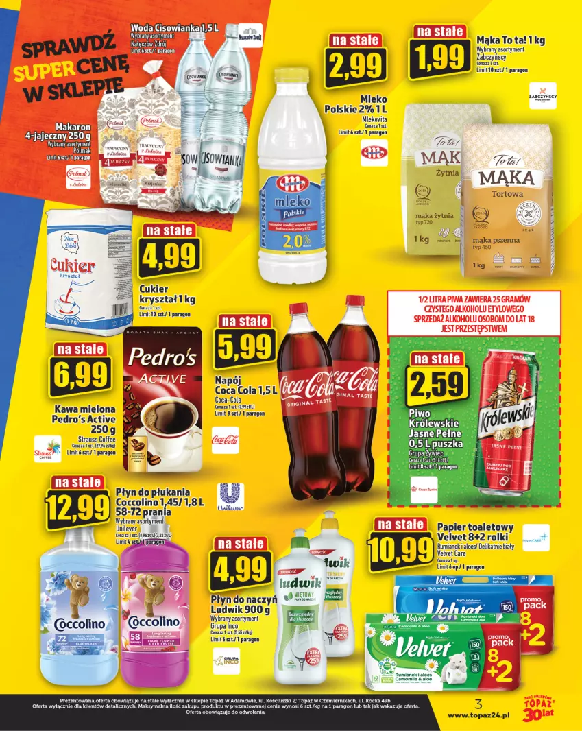 Gazetka promocyjna Topaz - Gazetka - ważna 14.09 do 20.09.2023 - strona 3 - produkty: Coccolino, Cukier, Kawa, Kawa mielona, Koc, Królewski, Ludwik, Mąka, Mąka pszenna, Mleko, Mus, Napój, Papier, Papier toaletowy, Płyn do płukania, Por, Rolki, Rum, Top, Velvet