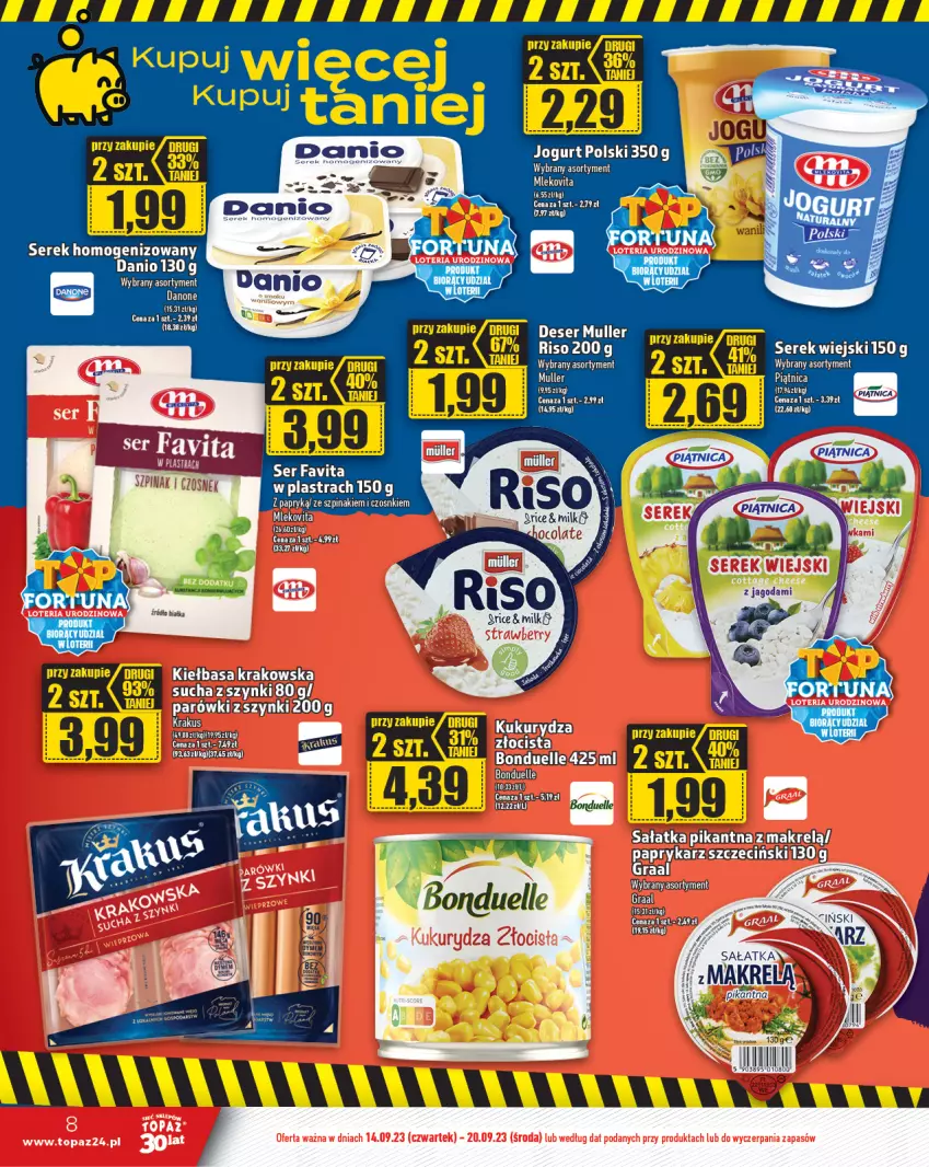 Gazetka promocyjna Topaz - Gazetka - ważna 14.09 do 20.09.2023 - strona 8 - produkty: Ananas, Bonduelle, Danio, Danone, Fa, Favita, Makrelą, Mleko, Mlekovita, Mus, Odol, Saga, Sałat, Sałatka, Ser, Serek, Serek homogenizowany, Szpinak