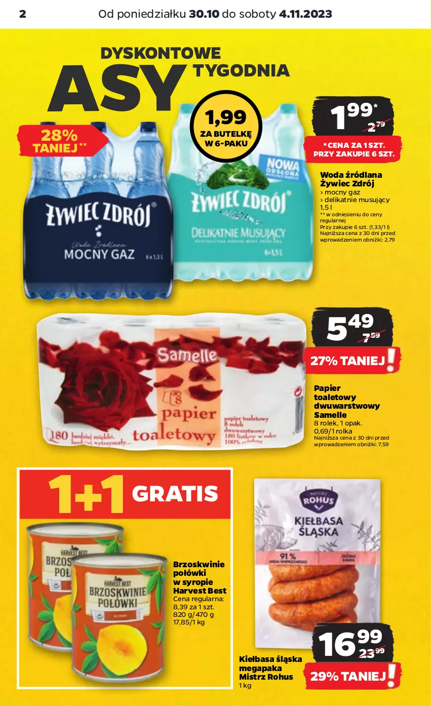 Gazetka promocyjna Netto - Artykuły spożywcze - ważna 30.10 do 04.11.2023 - strona 2 - produkty: Brzoskwinie, Gra, Kiełbasa, Kiełbasa śląska, LANA, Mus, Papier, Papier toaletowy, Syrop, Woda