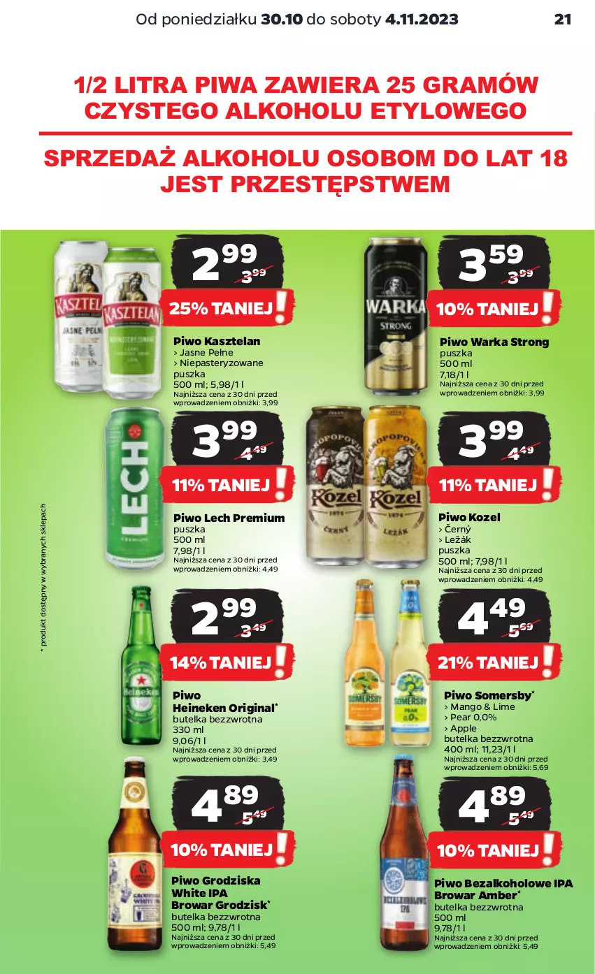 Gazetka promocyjna Netto - Artykuły spożywcze - ważna 30.10 do 04.11.2023 - strona 21 - produkty: Gin, Gra, Heineken, Kasztelan, Kozel, Lech Premium, Mango, Piwa, Piwo, Somersby, Warka