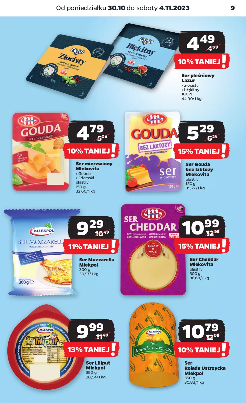 Gazetka promocyjna Netto - Artykuły spożywcze - ważna 30.10 do 04.11.2023 - strona 9 - produkty: Cheddar, Edam, Gouda, Lazur, Mleko, Mlekovita, Mozzarella, Rolada, Rolada Ustrzycka, Ser, Ser pleśniowy