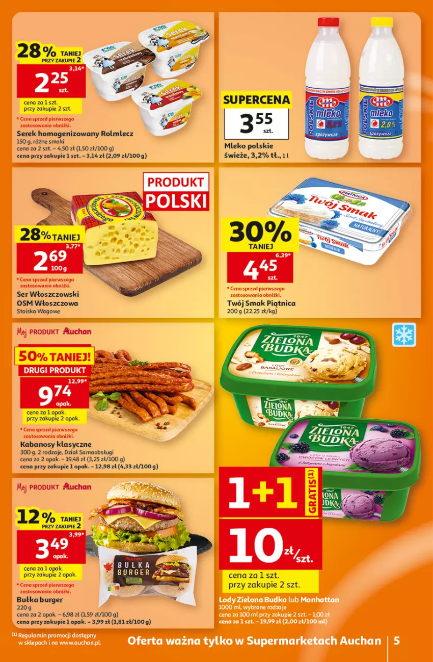 Gazetka promocyjna Auchan - Gazetka 30 Lat Supermarket Auchan - ważna 06.08 do 12.08.2026 - strona 5 - produkty: Bułka, Burger, Fa, Kabanos, Mleko, Piątnica, Rolmlecz, Ser, Serek, Serek homogenizowany, Twój Smak, Włoszczowski