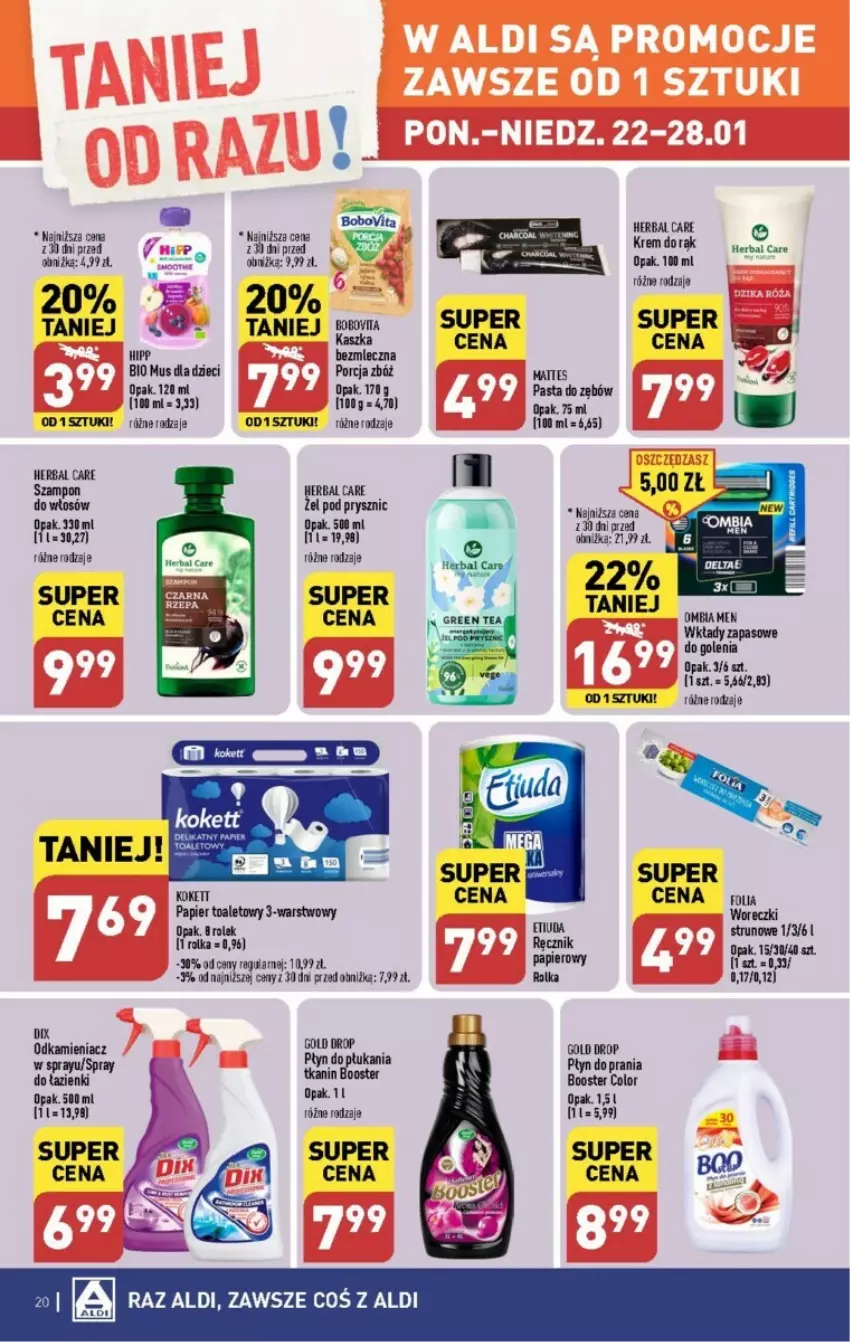 Gazetka promocyjna Aldi - ważna 22.01 do 28.01.2024 - strona 13 - produkty: BoboVita, Booster, Dzieci, HiPP, Hipp Bio, Krem do rąk, Mus, Odkamieniacz, Papier, Papier toaletowy, Pasta do zębów, Płyn do prania, Por, Ręcznik, Szampon