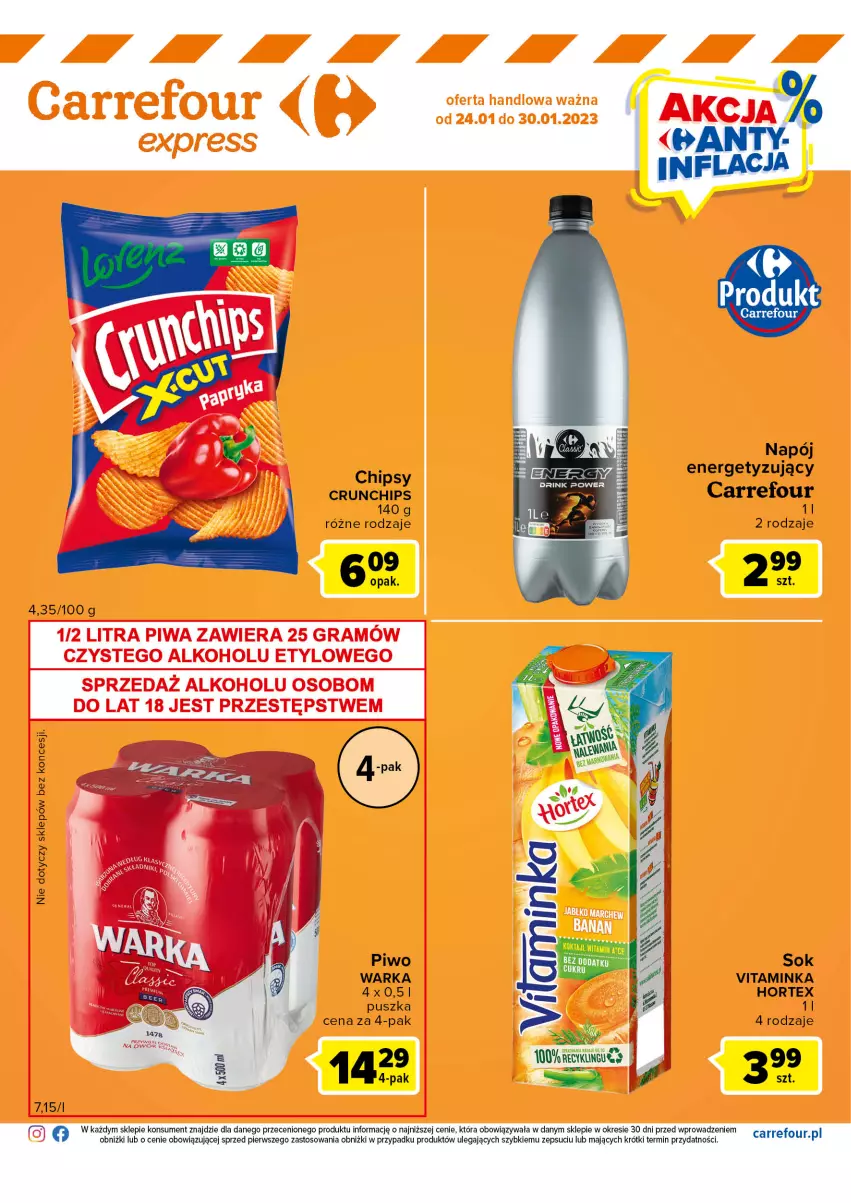 Gazetka promocyjna Carrefour - Gazetka Express - ważna 24.01 do 30.01.2023 - strona 2 - produkty: Chipsy, Crunchips, Hortex, Inka, Napój, Piwo, Sok, Warka