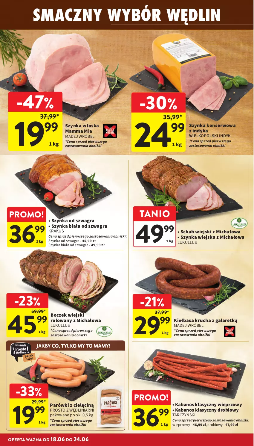 Gazetka promocyjna Intermarche - Gazetka Intermarche - ważna 18.06 do 24.06.2026 - strona 14 - produkty: Boczek, Gala, Gra, Kabanos, Kiełbasa, Kiełbasa krucha, Krakus, Madej Wróbel, Parówki, Ser, Szynka, Szynka biała, Szynka konserwowa, Tarczyński
