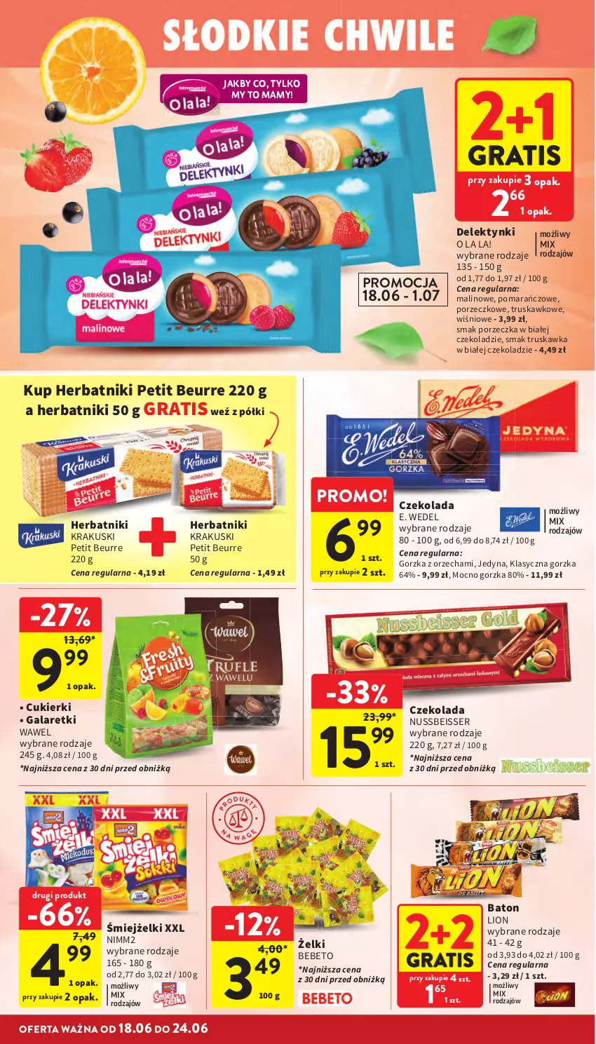 Gazetka promocyjna Intermarche - Gazetka Intermarche - ważna 18.06 do 24.06.2026 - strona 26 - produkty: Baton, Cukier, Cukierki, Czekolada, E. Wedel, Gala, Galaretki, Gra, Herbatniki, Herbatniki Petit Beurre, Krakus, Krakuski, Lion, Nimm2, Por, Ser, Wawel