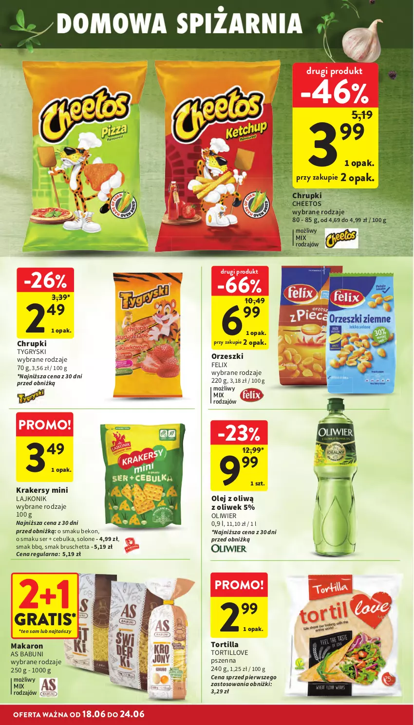 Gazetka promocyjna Intermarche - Gazetka Intermarche - ważna 18.06 do 24.06.2026 - strona 28 - produkty: Babuni, Beko, Cheetos, Chrupki, Felix, Gra, Gry, Krakersy, Lajkonik, Makaron, Olej, Orzeszki, Ser, Tortilla