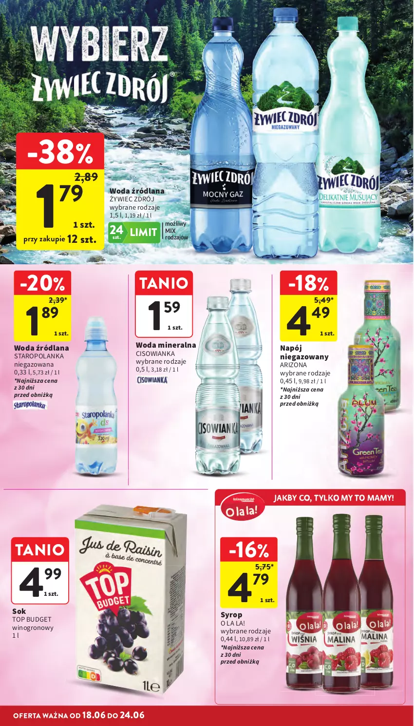 Gazetka promocyjna Intermarche - Gazetka Intermarche - ważna 18.06 do 24.06.2026 - strona 30 - produkty: Cisowianka, LANA, Napój, Napój niegazowany, Sok, Staropolanka, Syrop, Top, Wino, Woda, Woda mineralna