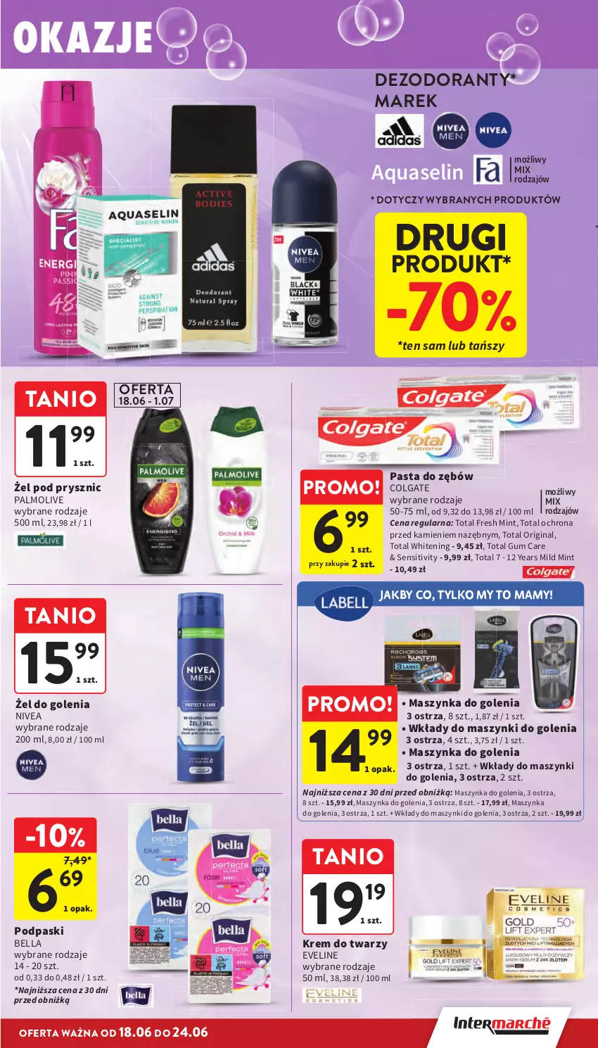 Gazetka promocyjna Intermarche - Gazetka Intermarche - ważna 18.06 do 24.06.2026 - strona 37 - produkty: Aquaselin, Bell, Bella, Colgate, Dezodorant, Eveline, Gin, Krem do twarzy, LG, Maszynka, Maszynka do golenia, Nivea, Palmolive, Pasta do zębów, Podpaski, Szynka