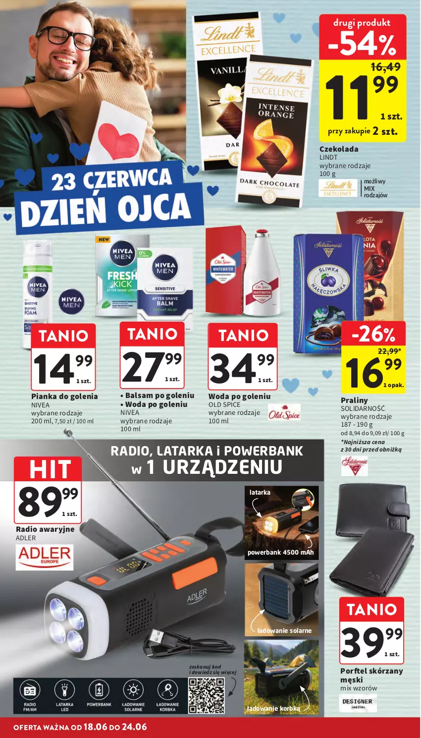 Gazetka promocyjna Intermarche - Gazetka Intermarche - ważna 18.06 do 24.06.2026 - strona 6 - produkty: Balsam po goleniu, Czekolada, Latarka, Lindt, Nivea, Old Spice, Pianka do golenia, Por, Powerbank, Praliny, Tarka, Woda, Woda po goleniu