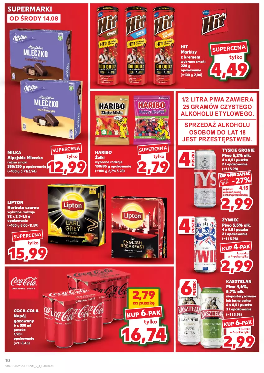 Gazetka promocyjna Kaufland - Gazetka tygodnia - ważna 14.08 do 21.08.2024 - strona 10 - produkty: Coca-Cola, Gra, Haribo, Herbata, Herbata czarna, Kasztelan, Lipton, Milka, Mleczko, Napój, Napój gazowany, Piwa, Piwo, Tyskie