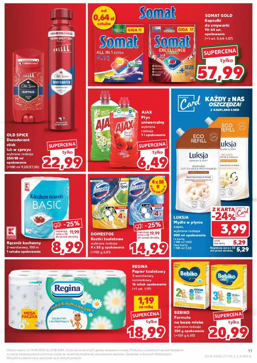 Gazetka promocyjna Kaufland - Gazetka tygodnia - ważna 14.08 do 21.08.2024 - strona 11 - produkty: Ajax, Bebiko, Dezodorant, Domestos, Gin, Luksja, Mydło, Mydło w płynie, Old Spice, Papier, Papier toaletowy, Ręcznik, Ręcznik kuchenny, Rum, Somat, Somat gold, Zmywarki