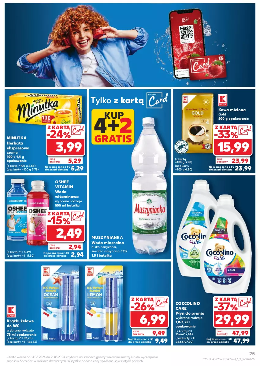 Gazetka promocyjna Kaufland - Gazetka tygodnia - ważna 14.08 do 21.08.2024 - strona 25 - produkty: Coccolino, Gra, Herbata, Kawa, Kawa mielona, Mus, Muszynianka, O nas, Oshee, Płyn do prania, Woda, Woda mineralna