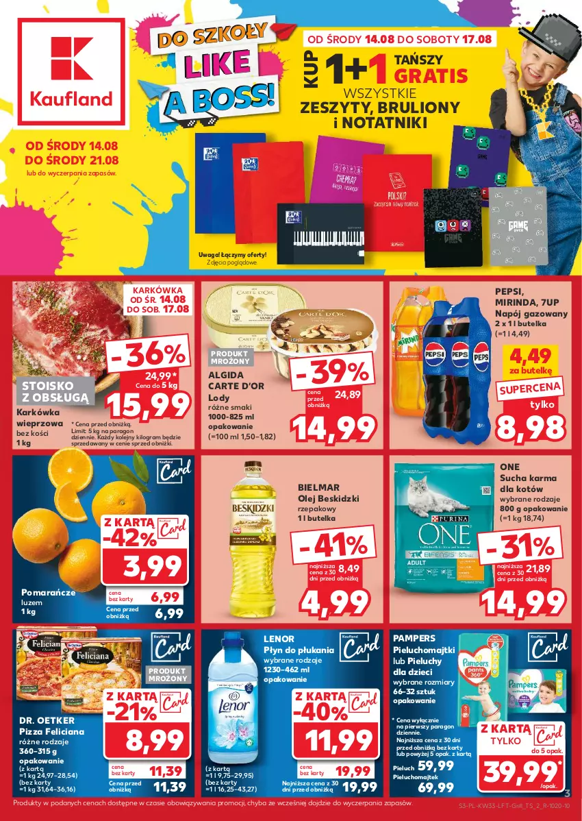 Gazetka promocyjna Kaufland - Gazetka tygodnia - ważna 14.08 do 21.08.2024 - strona 3 - produkty: 7up, Algida, Beskidzki, Dr. Oetker, Dzieci, Feliciana, Gra, Grill, Karkówka wieprzowa, Lenor, LG, Lion, Lody, Majtki, Mirinda, Napój, Napój gazowany, Olej, Pampers, Pepsi, Pieluchomajtki, Pieluchy, Pizza, Płyn do płukania, Pomarańcze, Sucha karma, Waga