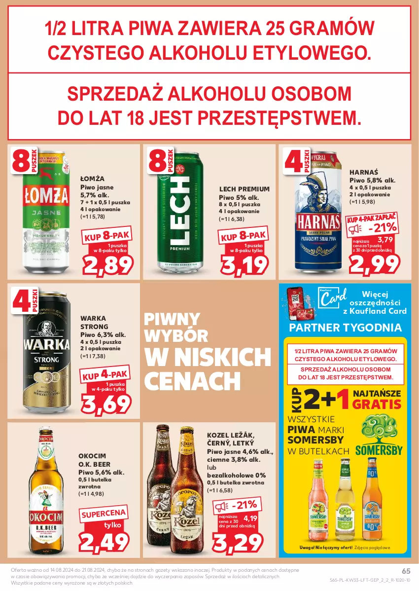 Gazetka promocyjna Kaufland - Gazetka tygodnia - ważna 14.08 do 21.08.2024 - strona 65 - produkty: Gra, Harnaś, Koc, Kozel, Lech Premium, Okocim, Piwa, Piwo, Piwo jasne, Somersby, Waga, Warka