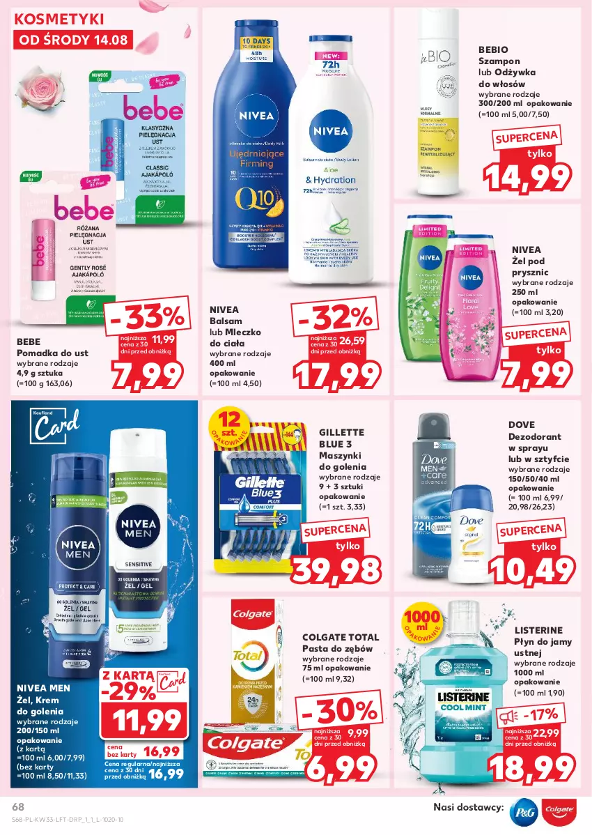 Gazetka promocyjna Kaufland - Gazetka tygodnia - ważna 14.08 do 21.08.2024 - strona 68 - produkty: Colgate, Colgate Total, Dezodorant, Dove, Gillette, Krem do golenia, LG, Listerine, Mleczko, Mleczko do ciała, Nivea, Nivea Men, Odżywka, Pasta do zębów, Szampon