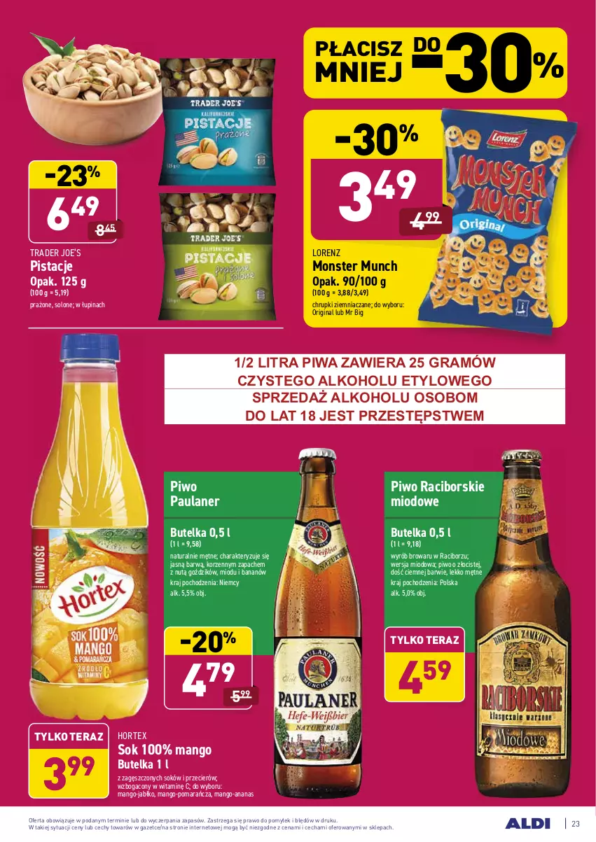 Gazetka promocyjna Aldi - ALE! CENA - ważna 25.01 do 31.01.2021 - strona 23 - produkty: Ananas, Chrupki, Gin, Gra, Hortex, Lorenz, Mango, Monster Munch, Pistacje, Piwa, Piwo, Sok, Tera