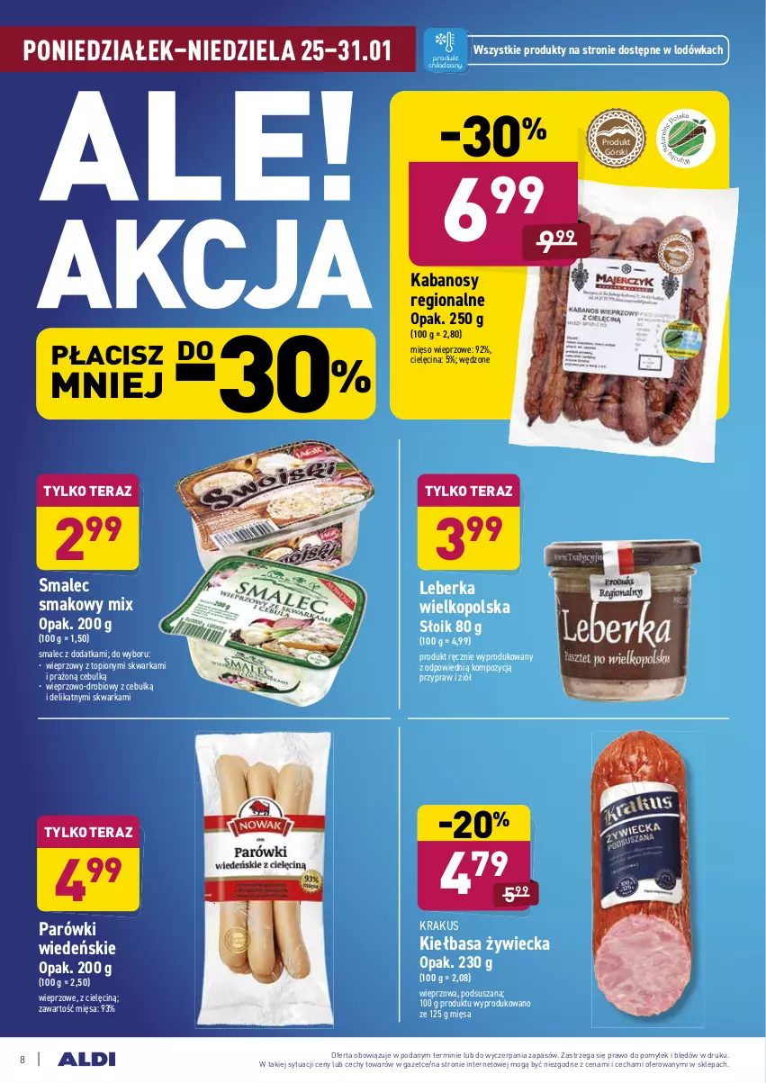 Gazetka promocyjna Aldi - ALE! CENA - ważna 25.01 do 31.01.2021 - strona 8 - produkty: Kabanos, Kiełbasa, Krakus, Leberka, Lodówka, Mięso, Mięso wieprzowe, Parówki, Smalec, Tera, Top, Warka