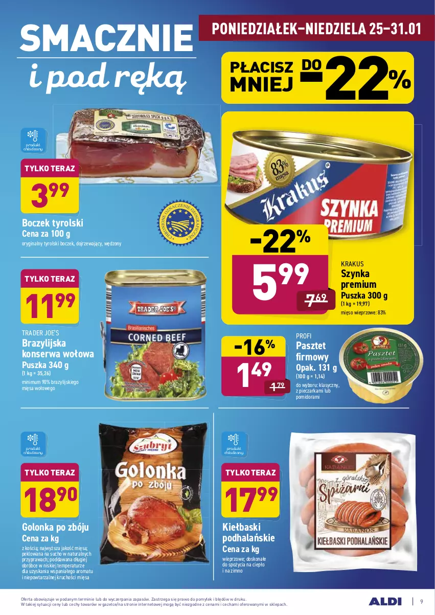 Gazetka promocyjna Aldi - ALE! CENA - ważna 25.01 do 31.01.2021 - strona 9 - produkty: Boczek, Gin, Konserwa wołowa, Krakus, Mięso, Mięso wieprzowe, Pasztet, Piec, Pieczarka, Ser, Szynka, Szynka premium, Tera