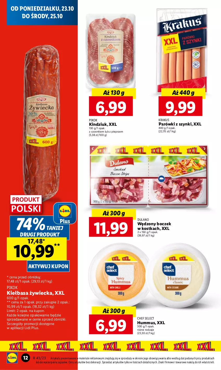 Gazetka promocyjna Lidl - GAZETKA - ważna 23.10 do 25.10.2023 - strona 16 - produkty: Boczek, Dulano, Hummus, Kiełbasa, Kindziuk, Krakus, Mus, Olej, Parówki, Parówki z szynki, Pieprz, PIKOK