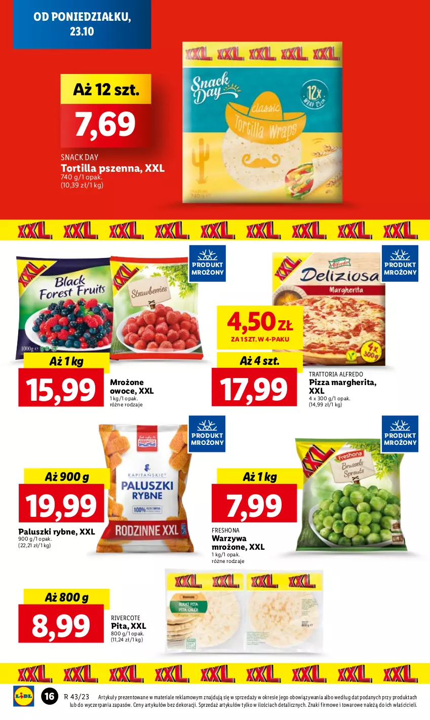 Gazetka promocyjna Lidl - GAZETKA - ważna 23.10 do 25.10.2023 - strona 20 - produkty: Owoce, Paluszki rybne, Pizza, Pizza margherita, Tortilla, Warzywa