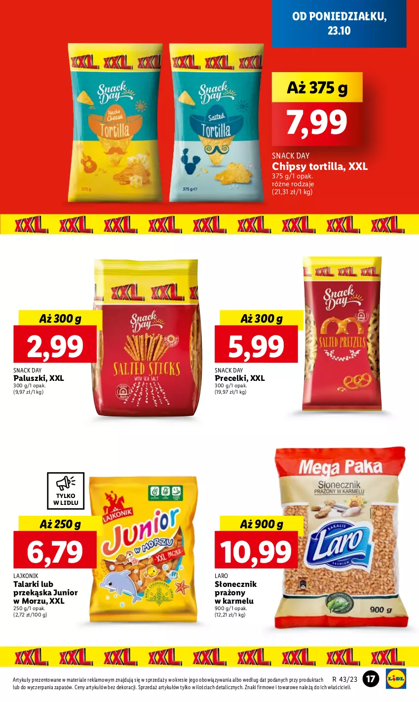 Gazetka promocyjna Lidl - GAZETKA - ważna 23.10 do 25.10.2023 - strona 21 - produkty: Chipsy, Lajkonik, Precelki, Słonecznik prażony, Tortilla