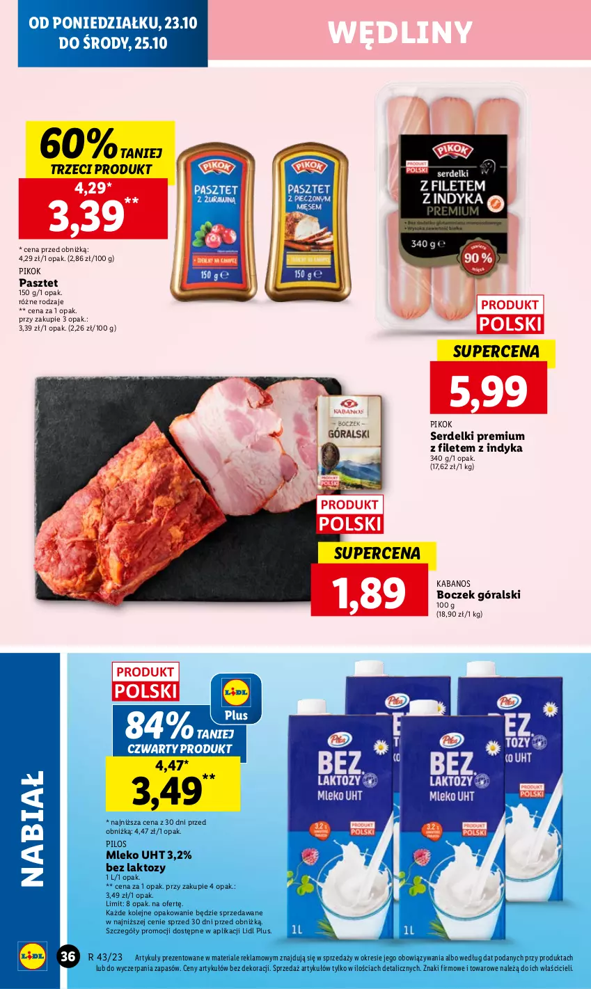 Gazetka promocyjna Lidl - GAZETKA - ważna 23.10 do 25.10.2023 - strona 40 - produkty: Boczek, Kabanos, Mleko, Olej, Pasztet, PIKOK, Pilos, Ser, Serdelki