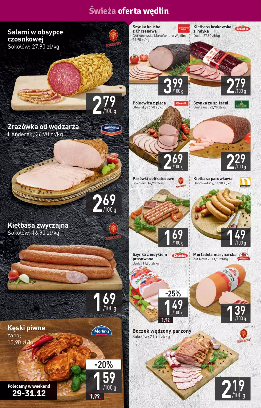 Gazetka promocyjna Stokrotka - Supermarket - ważna 29.12.2021 do 04.01.2022 - strona 4 - produkty: Boczek, Chrzan, Duda, Fa, HP, Kęski piwne, Kiełbasa, Kiełbasa krakowska, NOWAK, Olewnik, Parówki, Piec, Polędwica, Salami, Sok, Sokołów, Szynka