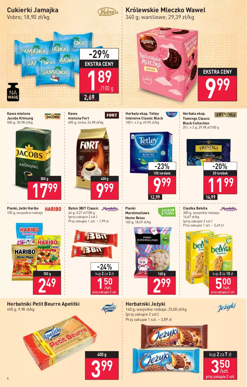 Gazetka promocyjna Stokrotka - Supermarket - ważna 29.12.2021 do 04.01.2022 - strona 6 - produkty: Baton, BelVita, Ciastka, Cukier, Cukierki, Haribo, Herbata, Herbatniki, Herbatniki Petit Beurre, Jacobs, Jacobs Krönung, Jeżyki, Kawa, Kawa mielona, Królewski, Królewskie Mleczko, Lack, Mars, Marshmallows, Mleczko, Tetley, Torba, Wawel