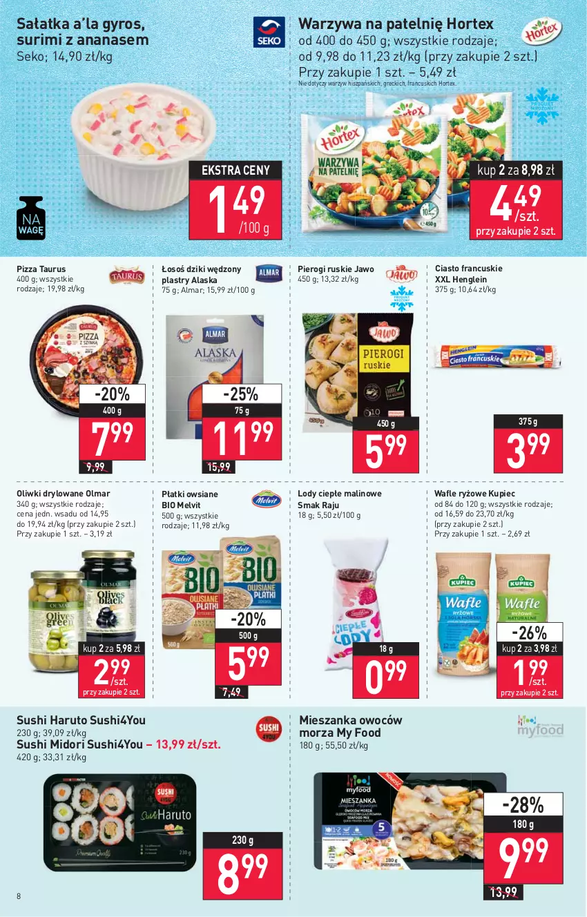 Gazetka promocyjna Stokrotka - Supermarket - ważna 29.12.2021 do 04.01.2022 - strona 8 - produkty: Ananas, Ciasto francuskie, Gyros, Hortex, Kupiec, Lody, Melvit, Oliwki, Olma, Piec, Pierogi, Pizza, Płatki owsiane, Ryż, Sałat, Sałatka, SEKO, Surimi, Sushi, Wafle, Warzywa