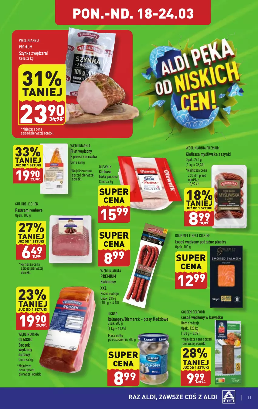 Gazetka promocyjna Aldi - Pełna oferta - ważna 18.03 do 24.03.2024 - strona 11 - produkty: Boczek, Golden Seafood, Kabanos, Kawa, Kiełbasa, Kiełbasa biała, Kurczak, Lisner, Mop, Olewnik, Płaty śledziowe, Szynka