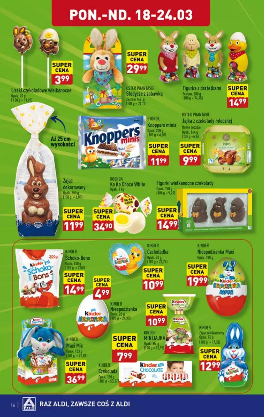 Gazetka promocyjna Aldi - Pełna oferta - ważna 18.03 do 24.03.2024 - strona 16 - produkty: Czekolada, Kinder, Knoppers, Lizaki, Lizaki czekoladowe