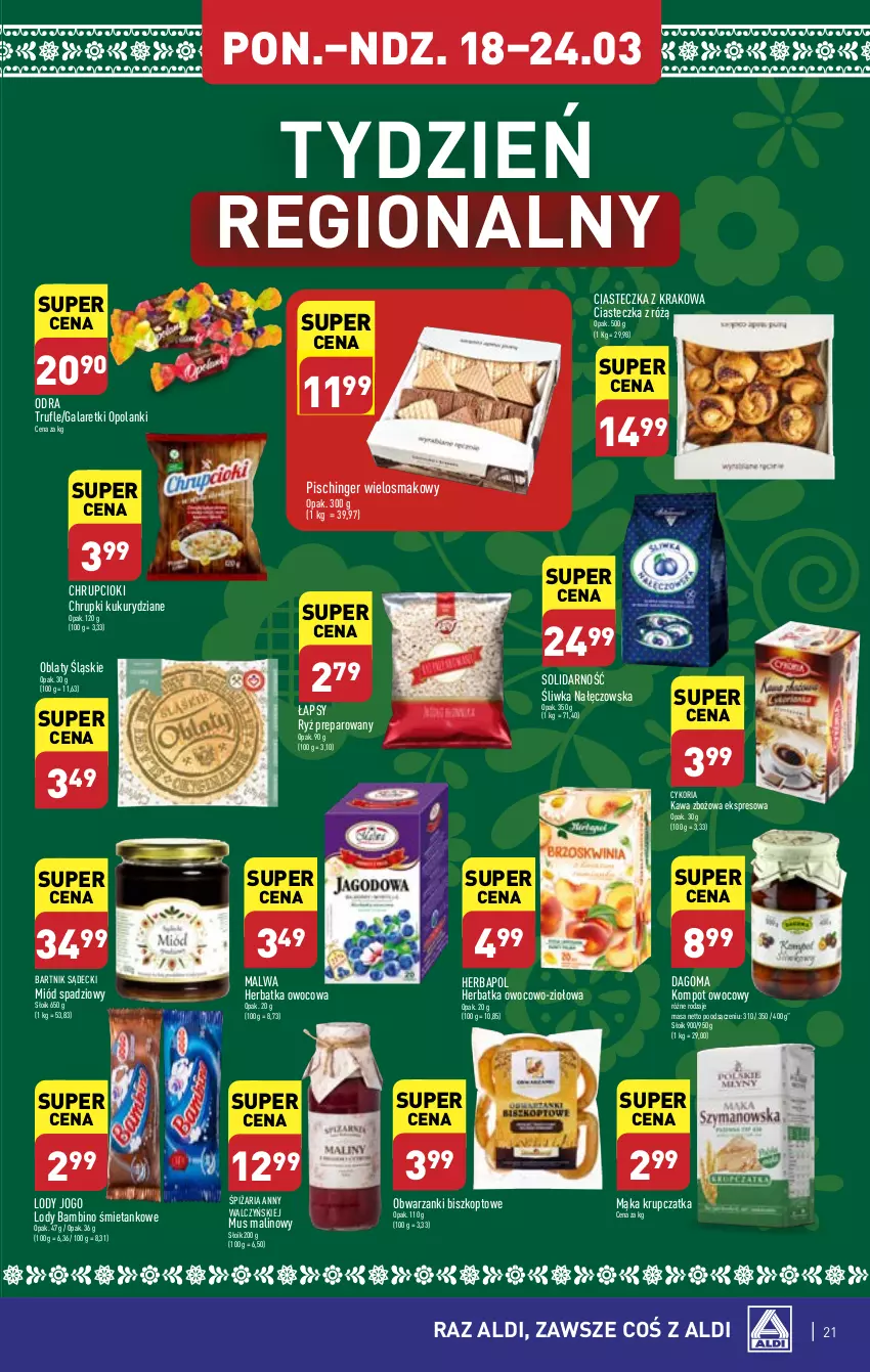 Gazetka promocyjna Aldi - Pełna oferta - ważna 18.03 do 24.03.2024 - strona 21 - produkty: Chrupki, Gala, Galaretki, Herbapol, Kawa, Kawa zbożowa, Lanki, Lody, Mąka, Miód, Mus, Ryż