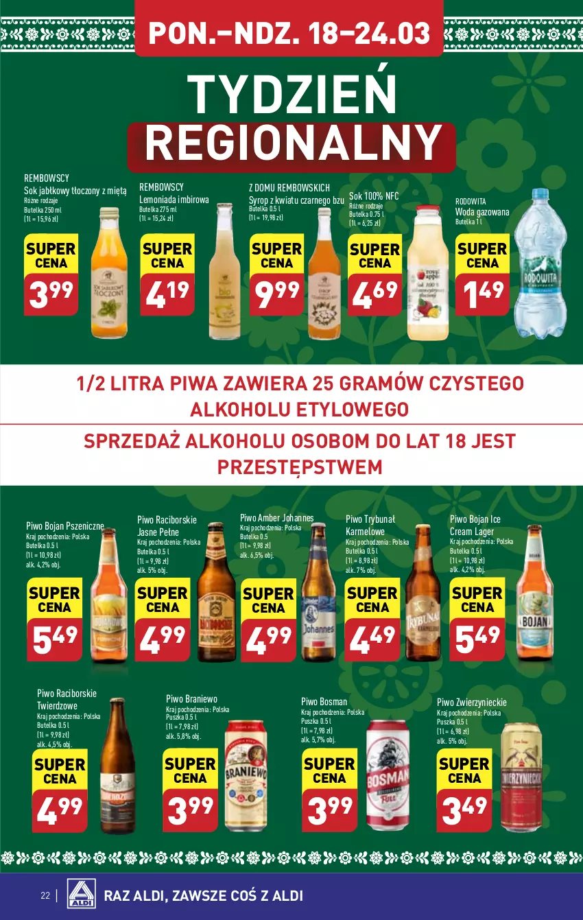 Gazetka promocyjna Aldi - Pełna oferta - ważna 18.03 do 24.03.2024 - strona 22 - produkty: Gra, Imbir, Lemoniada, Piwa, Piwo, Sok, Sok jabłkowy, Syrop, Woda, Woda gazowana