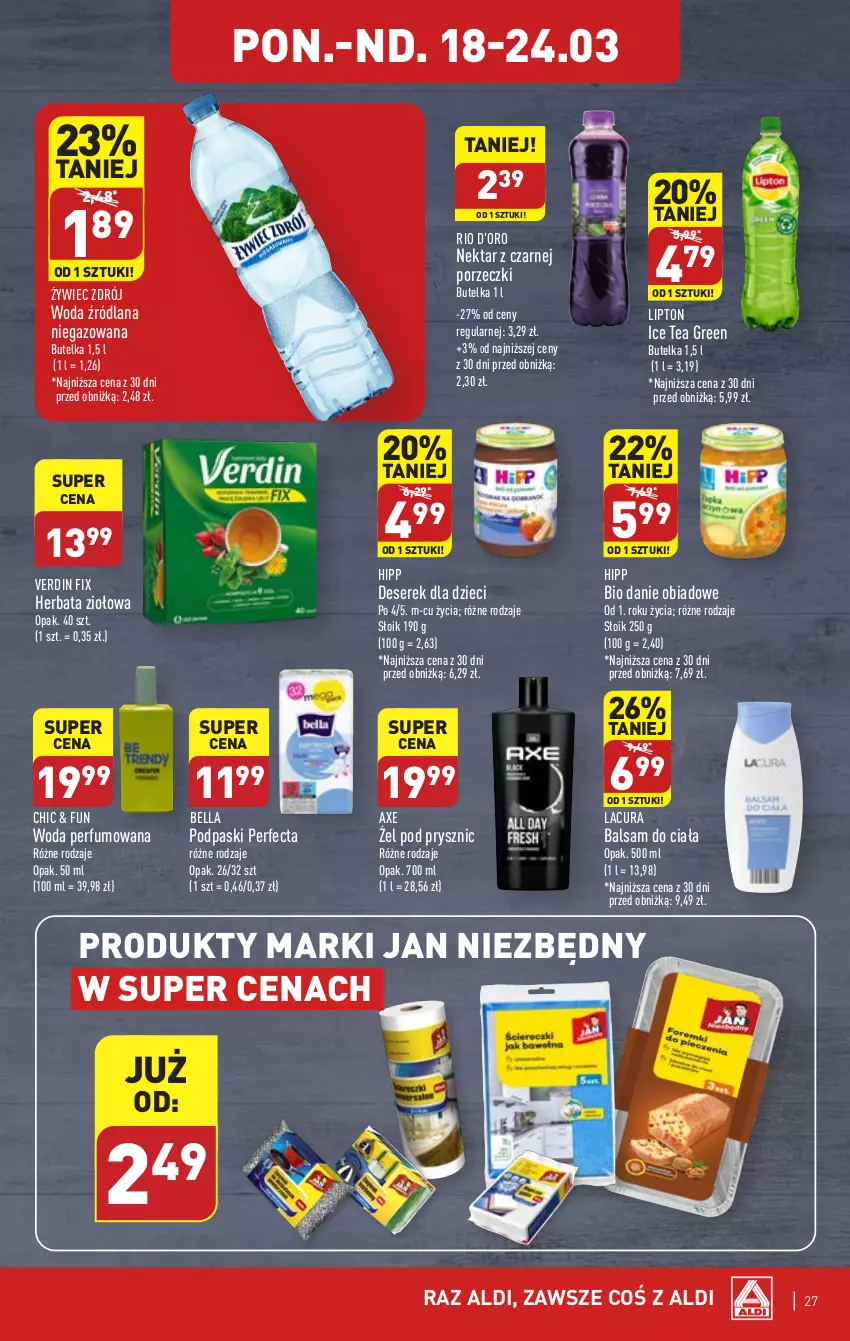 Gazetka promocyjna Aldi - Pełna oferta - ważna 18.03 do 24.03.2024 - strona 27 - produkty: Balsam do ciała, Bell, Bella, Deser, Dzieci, Herbata, HiPP, Hipp Bio, Ice tea, Jan Niezbędny, LANA, Lipton, Nektar, Perfecta, Perfum, Podpaski, Por, Ser, Serek, Woda, Woda perfumowana