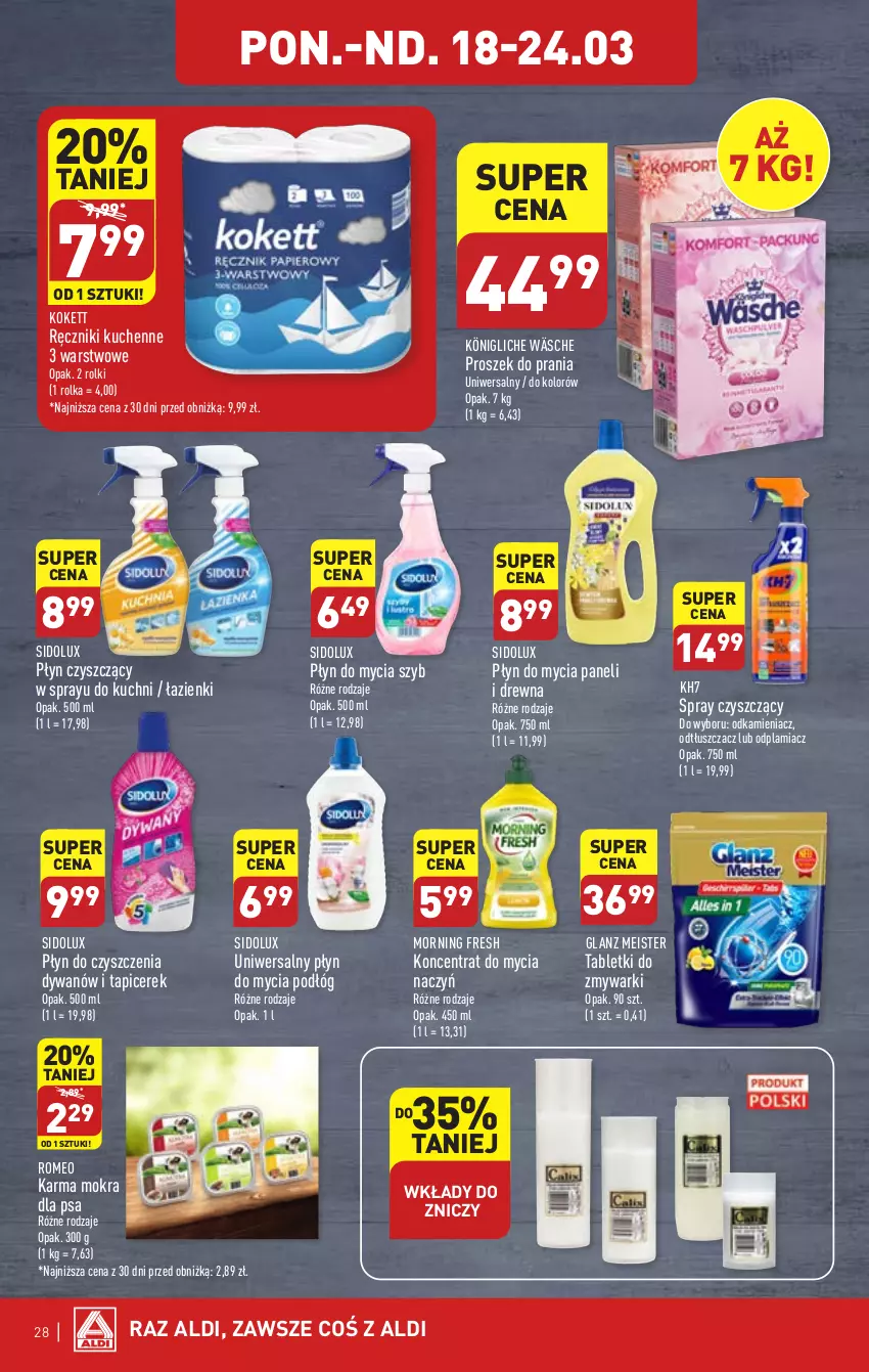 Gazetka promocyjna Aldi - Pełna oferta - ważna 18.03 do 24.03.2024 - strona 28 - produkty: Do mycia naczyń, Dywan, Koncentrat do mycia naczyń, König, Odkamieniacz, Odplamiacz, Odtłuszczacz, Płyn do mycia, Płyn do mycia paneli, Płyn do mycia podłóg, Proszek do prania, Ręcznik, Rolki, Sidolux, Tablet, Tabletki do zmywarki, Zmywarki, Znicz