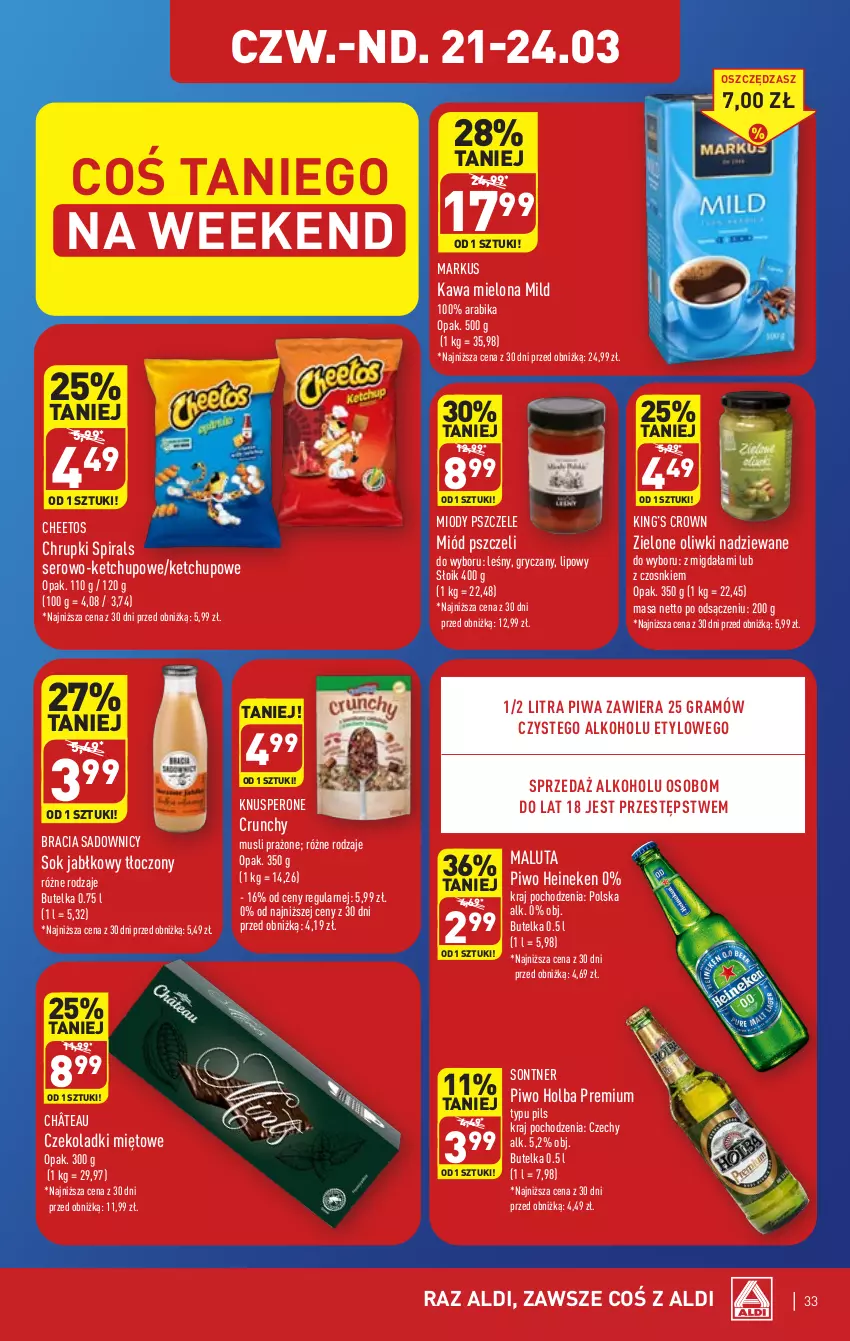 Gazetka promocyjna Aldi - Pełna oferta - ważna 18.03 do 24.03.2024 - strona 33 - produkty: Cheetos, Chrupki, Gra, Gry, Heineken, Kawa, Kawa mielona, Ketchup, King’s Crown, Miód, Mus, Oliwki, Piwa, Piwo, Ser, Sok, Sok jabłkowy