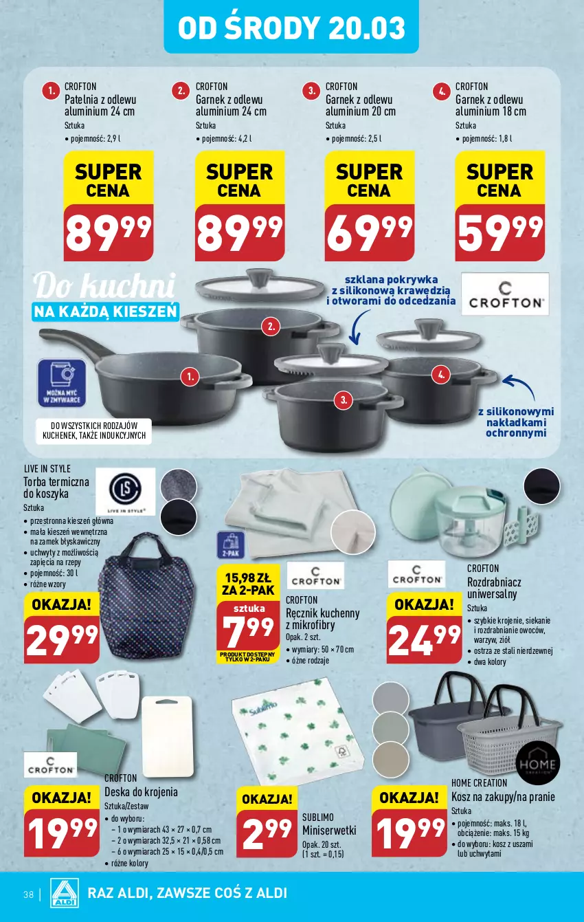 Gazetka promocyjna Aldi - Pełna oferta - ważna 18.03 do 24.03.2024 - strona 38 - produkty: Deska do krojenia, Garnek, Kosz, LANA, Patelnia, Ręcznik, Ręcznik kuchenny, Rozdrabniacz, Ser, Serwetki, Torba, Uchwyty