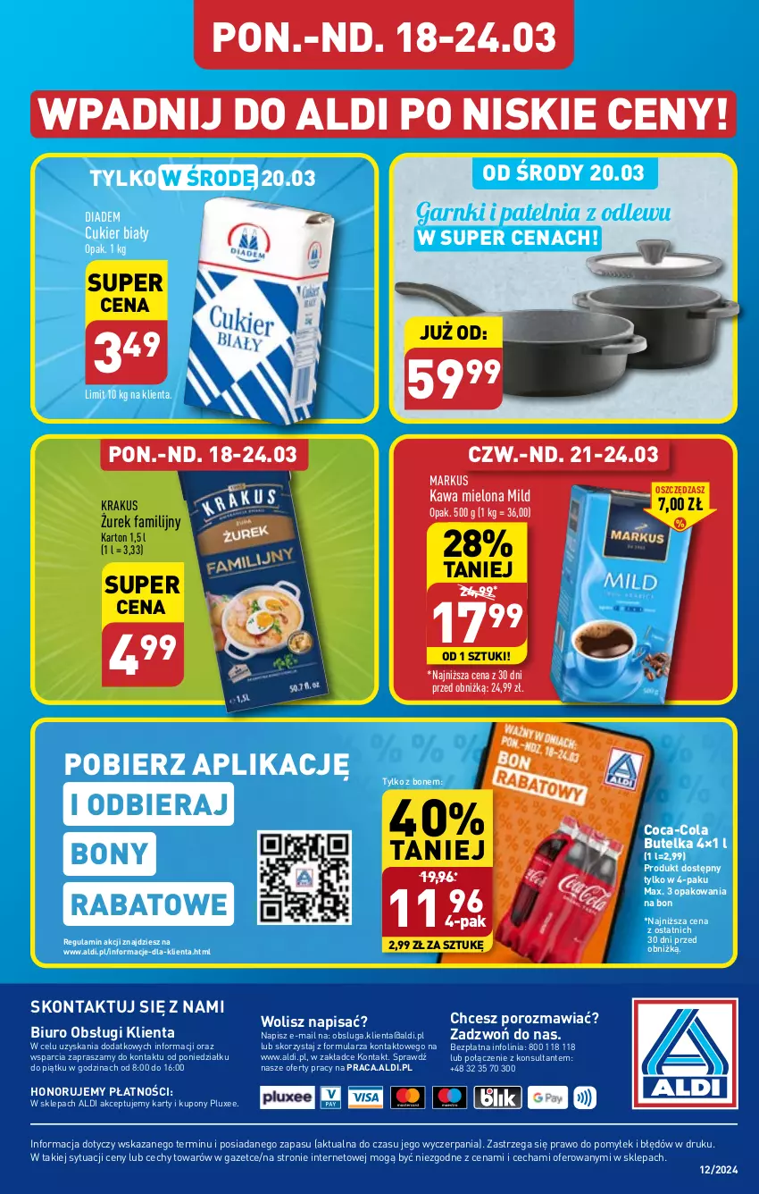 Gazetka promocyjna Aldi - Pełna oferta - ważna 18.03 do 24.03.2024 - strona 46 - produkty: Biuro, Coca-Cola, Cukier, Fa, Kawa, Kawa mielona, Krakus, O nas, Patelnia, Por