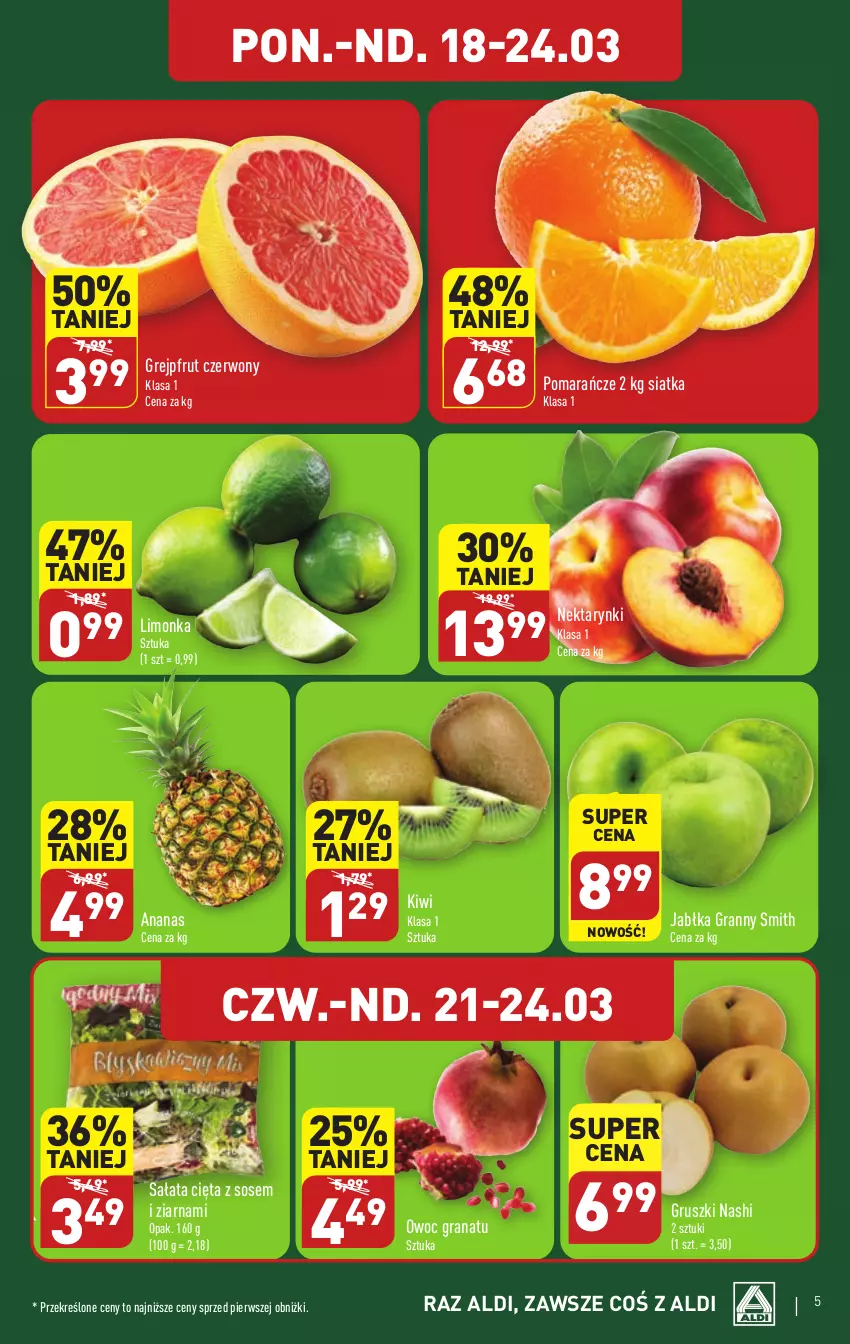 Gazetka promocyjna Aldi - Pełna oferta - ważna 18.03 do 24.03.2024 - strona 5 - produkty: Ananas, Gra, Granat, Grejpfrut, Gruszki, Jabłka, Kiwi, Limonka, Nektar, Pomarańcze, Sałat, Siatka, Sos