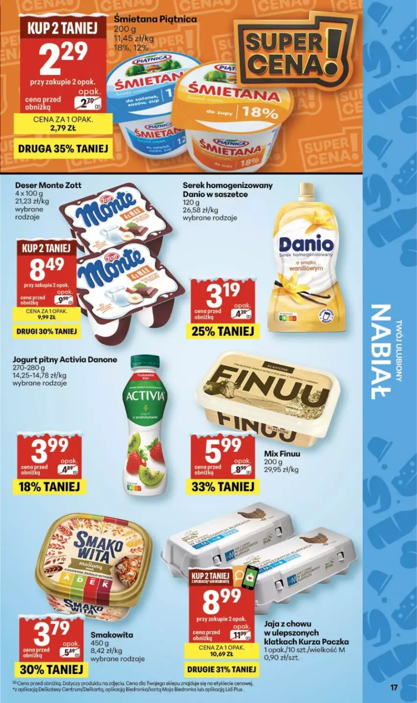 Gazetka promocyjna Delikatesy Centrum - Franczyza DC02 Czwartek - ważna 08.01 do 14.01.2026 - strona 17 - produkty: Activia, Danio, Danone, Deser, Finuu, Jogurt, Jogurt pitny, Monte, Piątnica, Ser, Serek, Serek homogenizowany, Zott