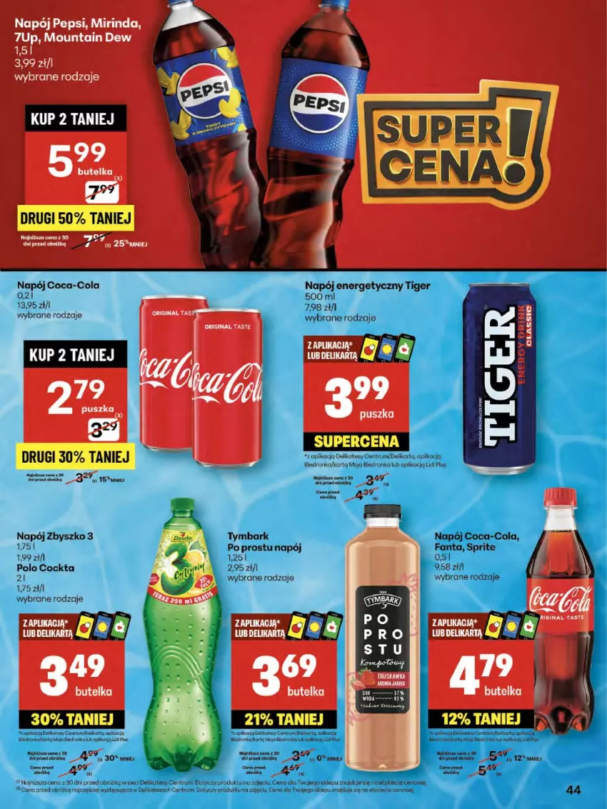 Gazetka promocyjna Delikatesy Centrum - Franczyza DC31 Czwartek - ważna 31.07 do 06.08.2025 - strona 44 - produkty: 7up, Coca-Cola, Dron, Fa, Fanta, Gin, Koc, Mirinda, Moda, Napój, Napój energetyczny, Orka, Pepsi, Piwo, Rum, Sprite, Tiger, Tymbark, Woda