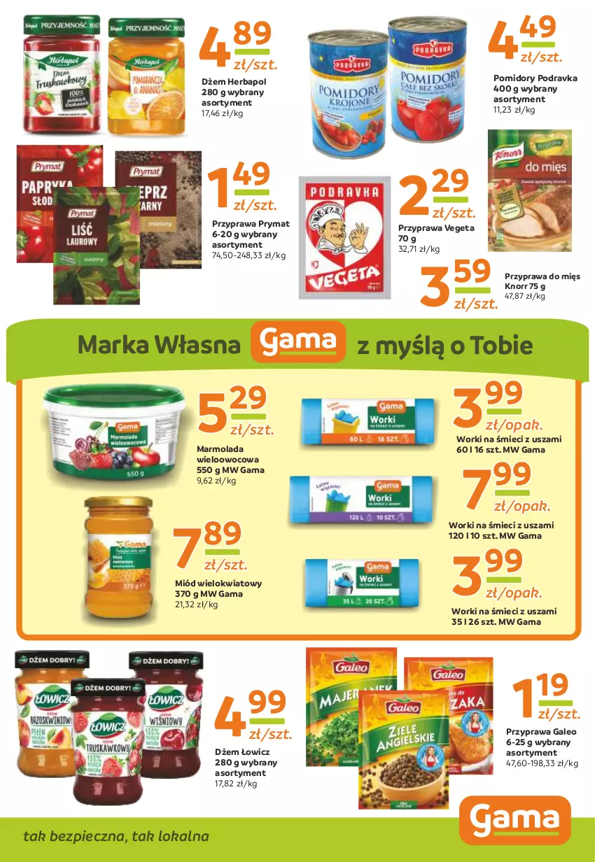 Gazetka promocyjna Gama - Gazetka Gama - ważna 06.11.2023 do 26.10.2024 - strona 7 - produkty: Dżem, Herbapol, Knorr, Marmolada, Miód, Mola, Piec, Podravka, Pomidory, Prymat, Vegeta, Worki na śmiec, Worki na śmieci