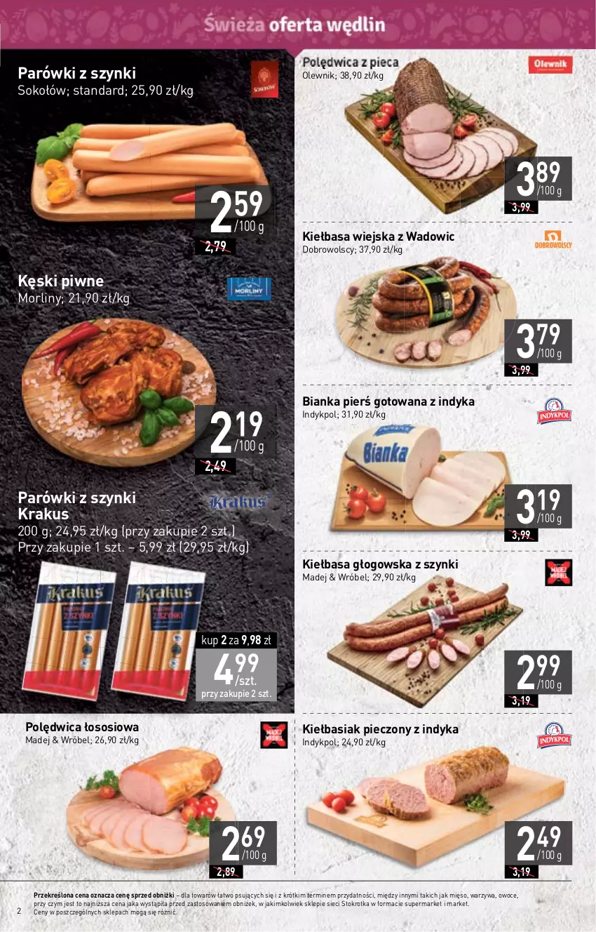 Gazetka promocyjna Stokrotka - Market - ważna 16.03 do 22.03.2023 - strona 2 - produkty: Basia, Bianka, Kęski piwne, Kiełbasa, Kiełbasa głogowska, Kiełbasa wiejska, Krakus, Mięso, Morliny, Olewnik, Owoce, Parówki, Parówki z szynki, Piec, Polędwica, Sok, Sokołów, Sos, Warzywa