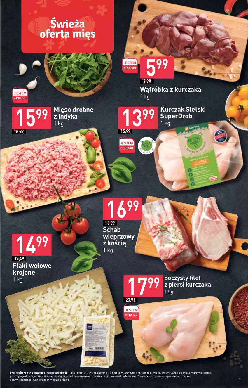 Gazetka promocyjna Stokrotka - Market - ważna 16.03 do 22.03.2023 - strona 3 - produkty: Filet z piersi kurczaka, Flaki, Flaki wołowe, Kurczak, Mięso, Owoce, Schab wieprzowy, Warzywa