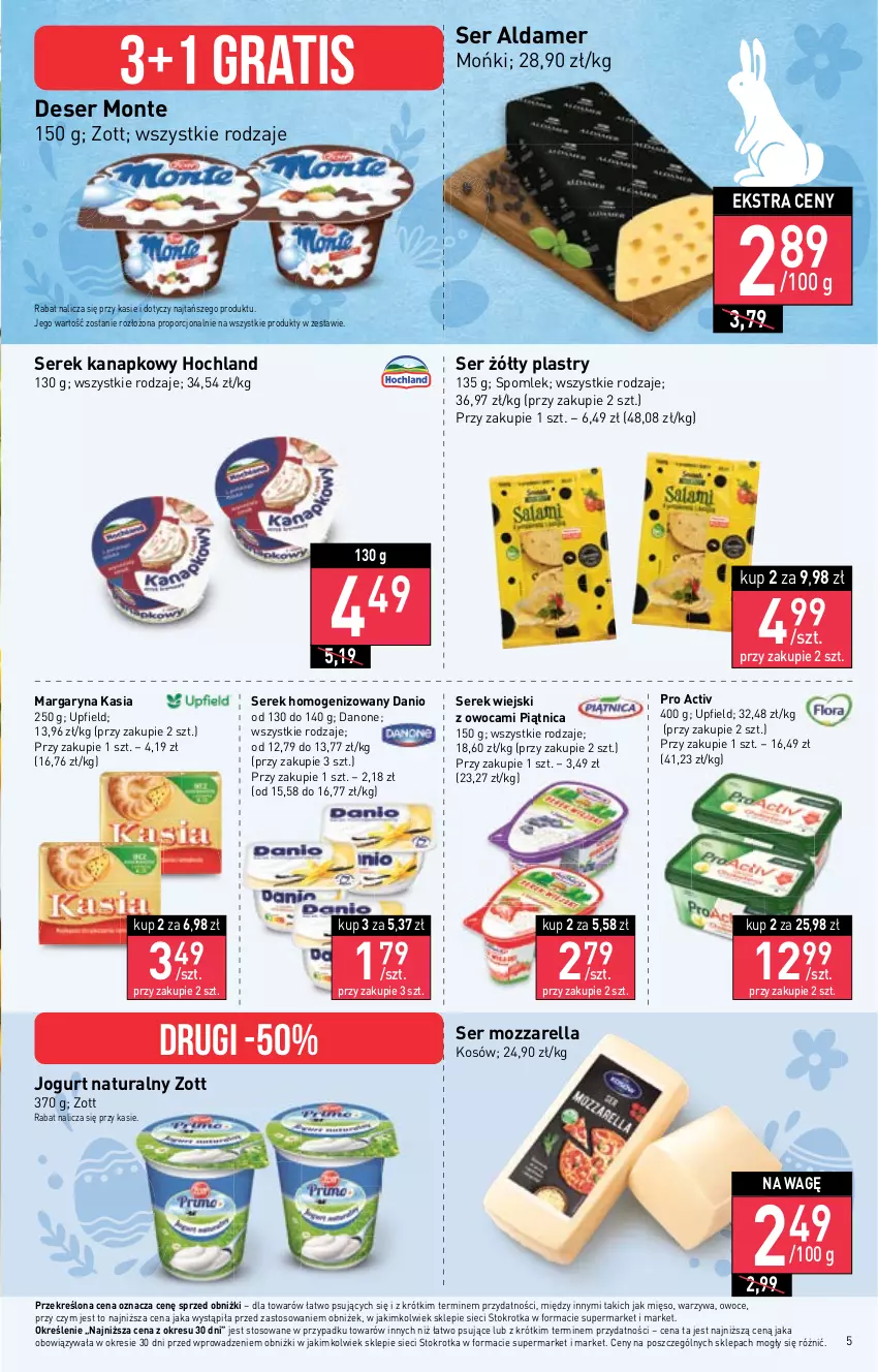 Gazetka promocyjna Stokrotka - Market - ważna 16.03 do 22.03.2023 - strona 5 - produkty: Danio, Danone, Deser, Gra, Hochland, Jogurt, Jogurt naturalny, Kasia, Margaryna, Mięso, Monte, Mozzarella, Owoce, Piątnica, Por, Ser, Serek, Serek homogenizowany, Serek kanapkowy, Serek wiejski, Warzywa, Zott