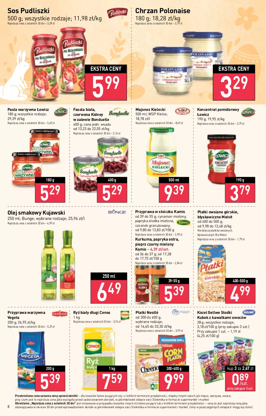 Gazetka promocyjna Stokrotka - Market - ważna 16.03 do 22.03.2023 - strona 8 - produkty: Bonduelle, Cenos, Chrzan, Czosnek, Czosnek granulowany, Fa, Fasola, Gra, Kamis, Kawa, Kisiel, Koncentrat pomidorowy, Kubek, Kujawski, Kurkuma, Majonez, Melvit, Mięso, Nestlé, Olej, Olej smakowy, Owoce, Papryka, Papryka słodka, Pasta warzywna, Pieprz, Płatki owsiane, Pudliszki, Ryż, Ryż biały, Sos, Vegeta, Warzywa